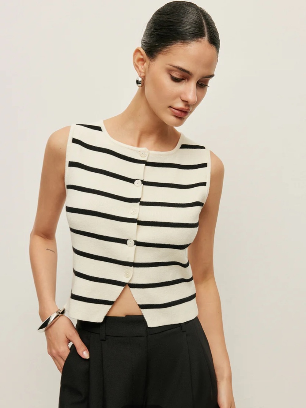 Commense Striped Buttoned Knit Vest